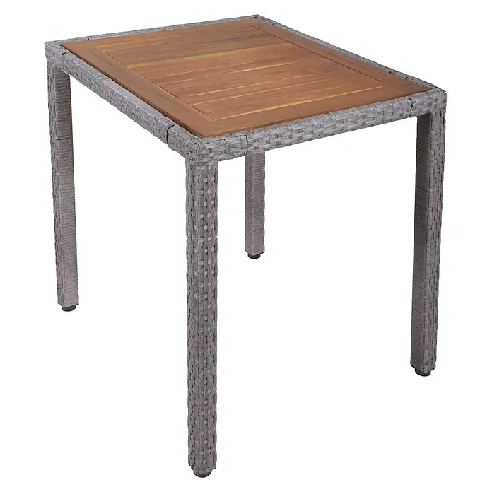 Garden Pleasure Balkonmöbel-Set Dakota - 3 -tlg., Stahl, Kunststoffgeflecht, Akazie, Hellgrau - Rechteckiger Gartentisch mit grauem Rattangeflechtrahmen und Tischplatte aus Naturholzlatten.