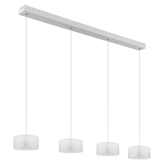 Globo LED-Pendelleuchte rund Belinda - 24 W, L x B x H: 1.050 x 150 x 1.500 mm - Weiße lineare Hängeleuchte mit vier mattierten zylindrischen Schirmen an einer Rechteckleiste.