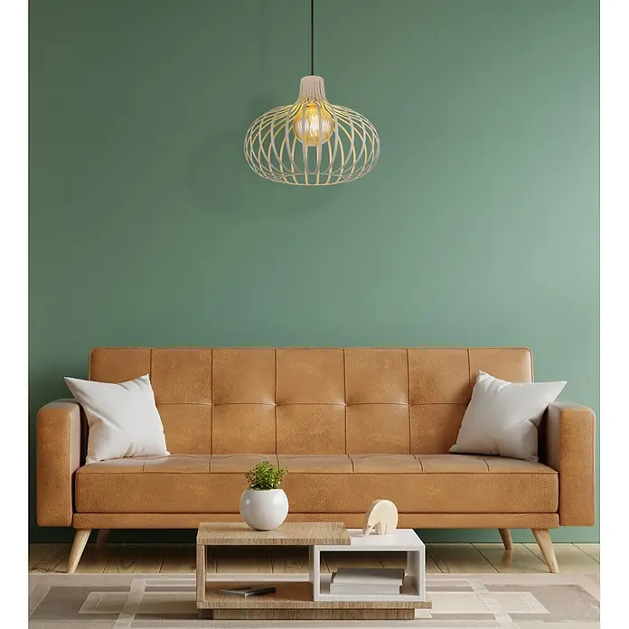 Globo Pendelleuchte Mateo - 40 W, Ø x H: 40 cm x 1.500 mm, E27 - Helle Holz-Pendelleuchte mit Lamellen und sichtbarer Glühbirne.