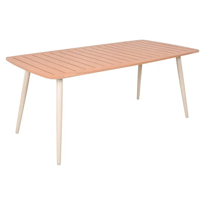 Garden Pleasure Gartenmöbel-Set Talum - 7 -tlg., Aluminium, Polywood, Beige - Rechteckiger Outdoor-Esstisch mit lattenförmiger Holzplatte und cremefarbenen Beinen.