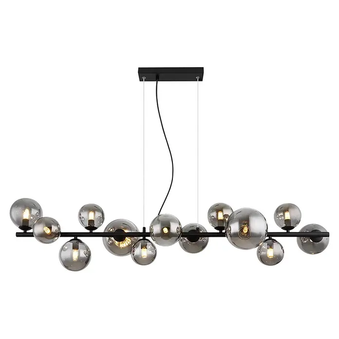 Globo Pendelleuchte Riha - Höhe: 1.200 mm - Moderne Hängelampe mit schwarzem Balken und mehreren Rauchglas-Kugeln mit Glühbirnen, an Deckenplatte befestigt.