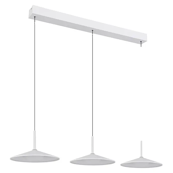 Globo LED-Pendelleuchte rund Lampone - 24 W - Weiße lineare Pendelleuchte mit drei hängenden scheibenförmigen Lampen.