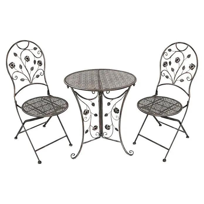 Garden Pleasure Balkonmöbel-Set Pinatubo - 3 -tlg., Stahl, Bronzeton - Dunkelgraues Metall-Bistro-Set mit rundem Tisch, zwei Stühlen und Rosen-/Blattverzierungen.
