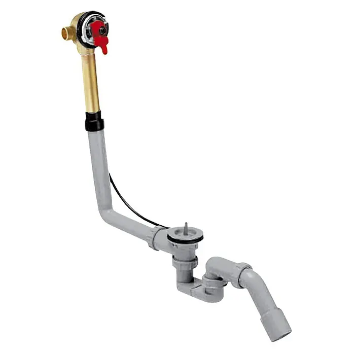 Hansgrohe Ab- & Überlaufgarnitur Exafill - Kunststoff, 1 ½″, Geeignet für: Handelsübliche Badewannen - Bild eines Badezimmerablaufsystems mit rot-goldenem Bedienelement und grauem Rohrsystem für die Installation im Bad.