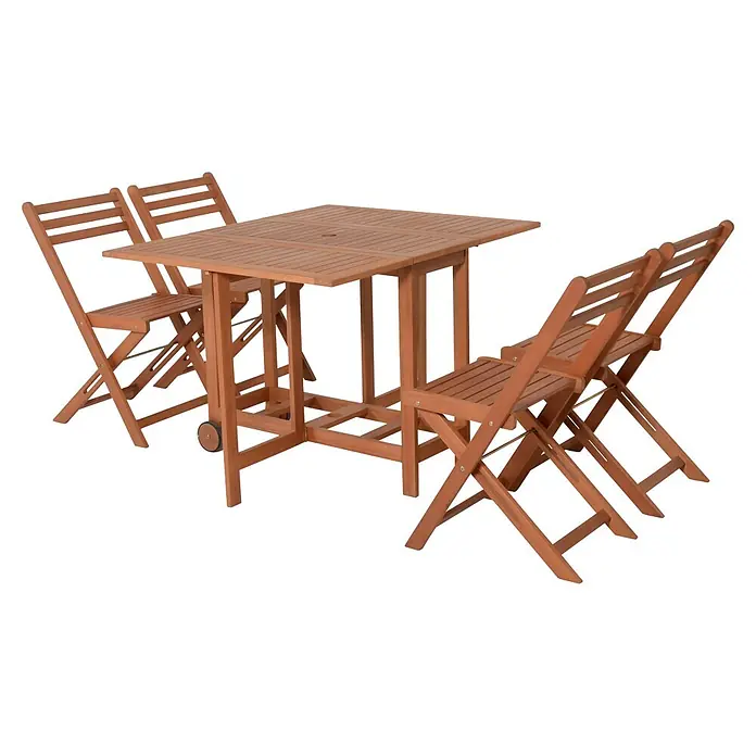 Garden Pleasure Gartenmöbel-Set Anaheim - 5 -tlg., Eukalyptus, Braun - Holz-Gartentischgarnitur mit rechteckigem Tisch, Schirmloch und Rollen, dazu vier Klappstühle.