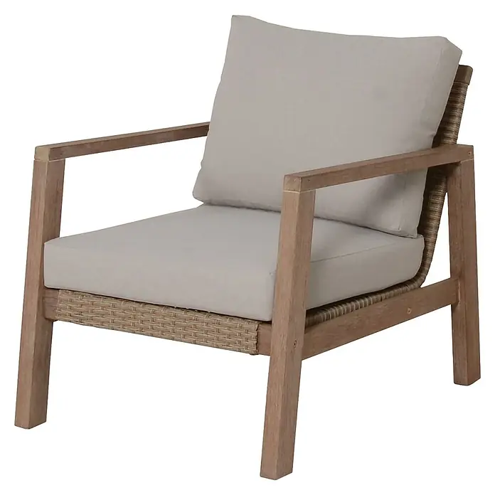 Garden Pleasure Loungemöbel-Set San Mateo - 4 -tlg., Eukalyptusholz, Kunststoffgeflecht, Polyester, Beige - Outdoor-Loungesessel mit hellem Holzrahmen, geflochtenen Paneelen und cremefarbenen Kissen.