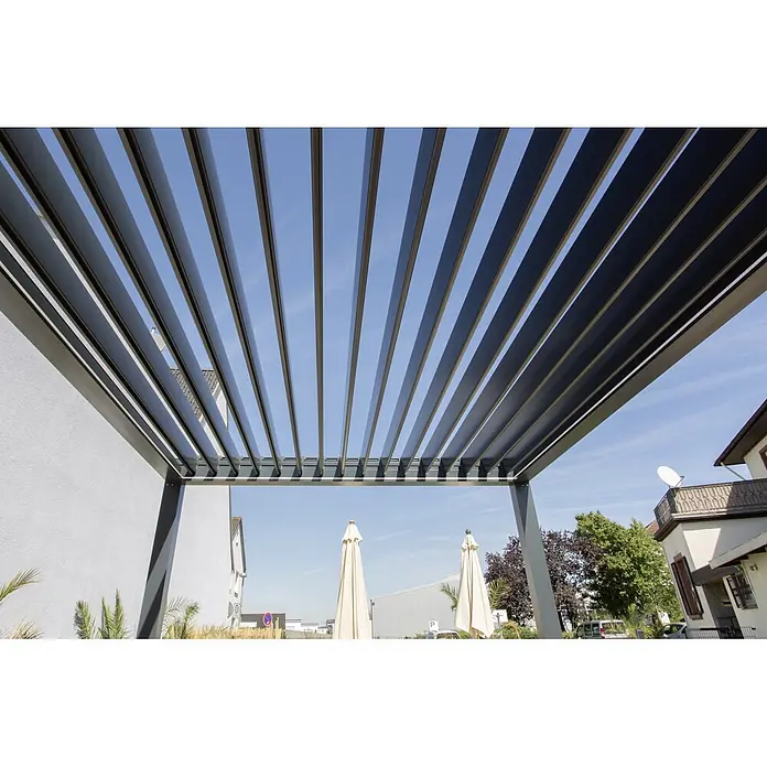 Wismar-NFI Pergola Bio - B x T: 341 x 400 cm, Grau/Grau, Aluminium - Moderne Pergola mit Lamellendach und schlanken Profilen für den Außenbereich. Schutz vor Sonne und Wetter für Terrasse und Garten.