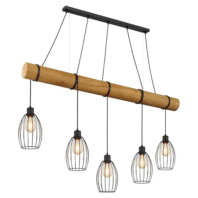 Globo Pendelleuchte Berti - 40 W, L x B x H: 1.400 x 160 x 1.500 mm, E27 - Deckenleuchte mit Naturholzbalken und fünf schwarzen Metallkäfig-Pendelleuchten mit sichtbaren Glühfadenbirnen.
