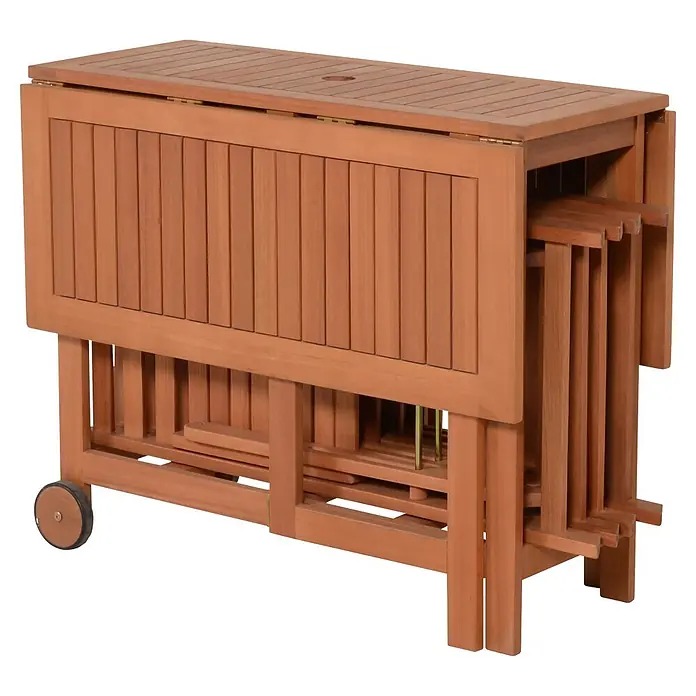 Garden Pleasure Gartenmöbel-Set Anaheim - 5 -tlg., Eukalyptus, Braun - Kompakter klappbarer Holztisch für den Außenbereich mit Lattenplatte und Rollen, in verstaubarer Konfiguration.