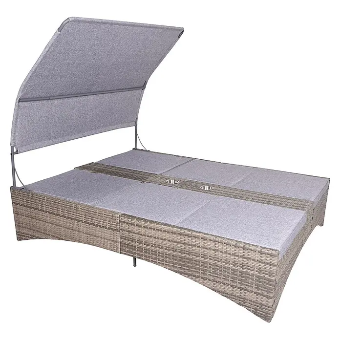 Garden Pleasure Doppelliege Pescara - Metall, Beige/Grau - Hellgraues Rattan-Outdoor-Loungebett mit Kissen, verstellbarem Baldachin und Getränkehaltern.