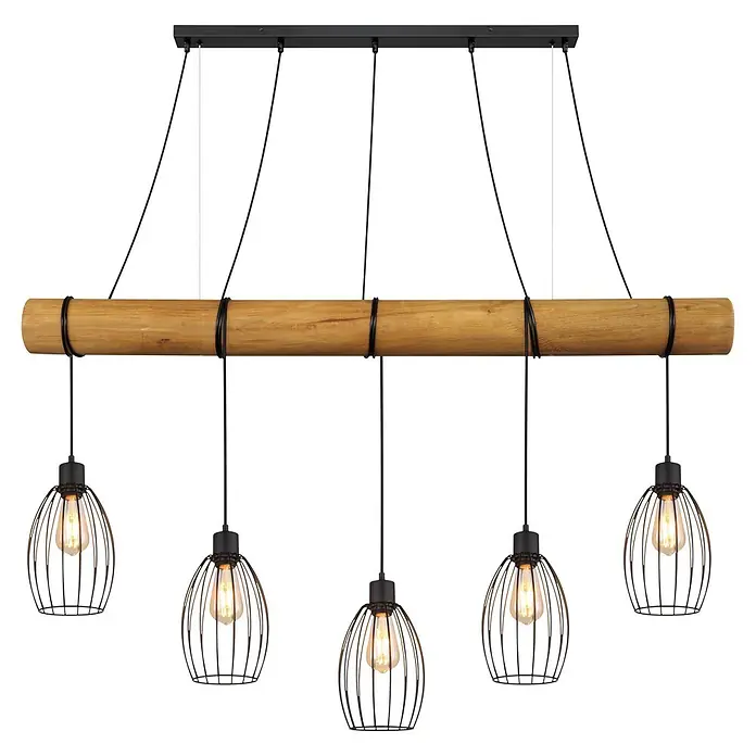 Globo Pendelleuchte Berti - 40 W, L x B x H: 1.400 x 160 x 1.500 mm, E27 - Fünfflammige Deckenleuchte mit schwarzer Metallstange, Holzbalken und fünf Hängelampen mit schwarzen Drahtkäfigschirmen und glühenden Edison-Birnen.