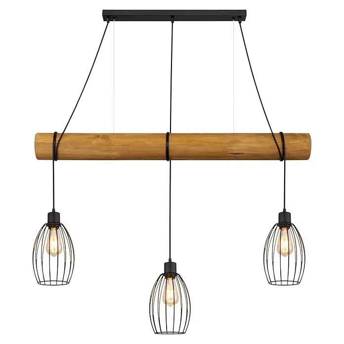 Globo Pendelleuchte Berti - 40 W, L x B x H: 1.150 x 160 x 1.500 mm, E27 - Dreiflammige Hängelampe mit Holzbalken, schwarzer Aufhängung und drei schwarzen Drahtkäfig-Pendelleuchten.
