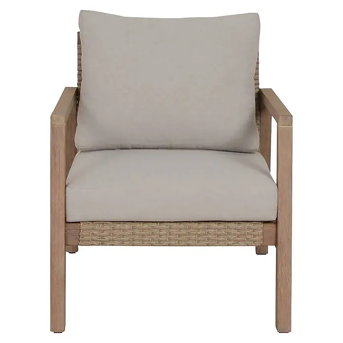 Garden Pleasure Loungemöbel-Set San Mateo - 4 -tlg., Eukalyptusholz, Kunststoffgeflecht, Polyester, Beige - Moderner Outdoor-Sessel mit hellem Holzrahmen, geflochtener Basis und bauschigen cremefarbenen Kissen.