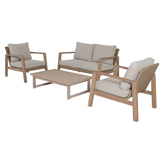 Garden Pleasure Loungemöbel-Set San Mateo - 4 -tlg., Eukalyptusholz, Kunststoffgeflecht, Polyester, Beige - Outdoor-Sitzgruppe mit zwei Sesseln, einem Zweisitzer-Sofa und einem Couchtisch, alle mit hellen Holzrahmen, geflochtenen Akzenten und hellbeigen Polstern.