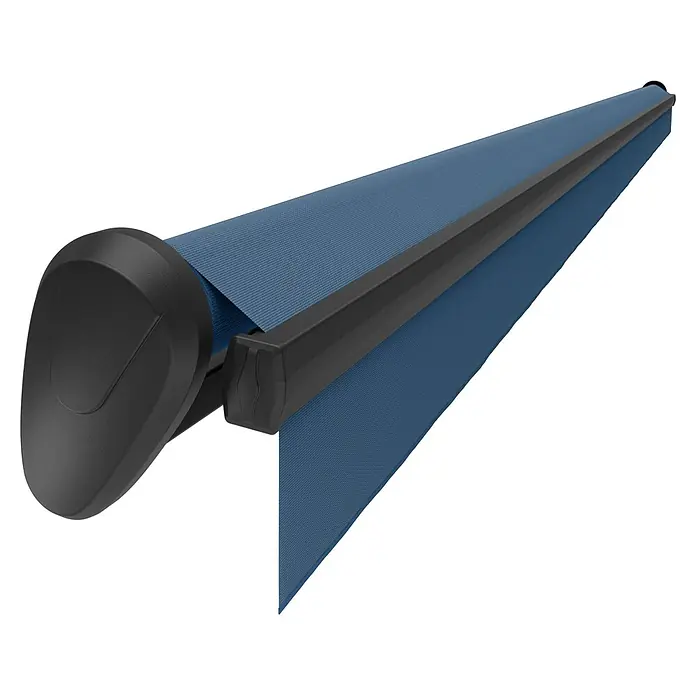 Spettmann Gelenkarmmarkise 20177 - Blau, Farbe Gestell: Eisenglimmer matt, Breite: 4 m, Ausfall: 3 m - Blaue Markise mit schwarzem Gehäuse, teilweise ausgefahren.