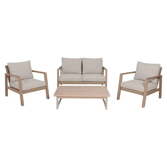 Garden Pleasure Loungemöbel-Set San Mateo - 4 -tlg., Eukalyptusholz, Kunststoffgeflecht, Polyester, Beige - Outdoor-Lounge-Set mit zwei Sesseln, einem Zweisitzer-Sofa und einem Couchtisch. Helle Holzrahmen, Korbflecht-Akzente, helle Kissen.