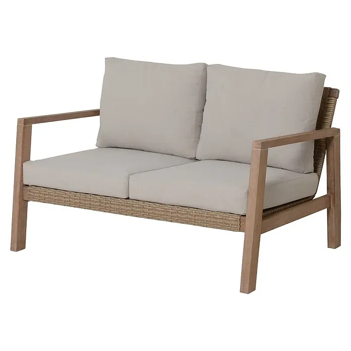 Garden Pleasure Loungemöbel-Set San Mateo - 4 -tlg., Eukalyptusholz, Kunststoffgeflecht, Polyester, Beige - Zweisitzer-Sofa aus hellem Holz mit Korbboden und hellbeigen Kissen.