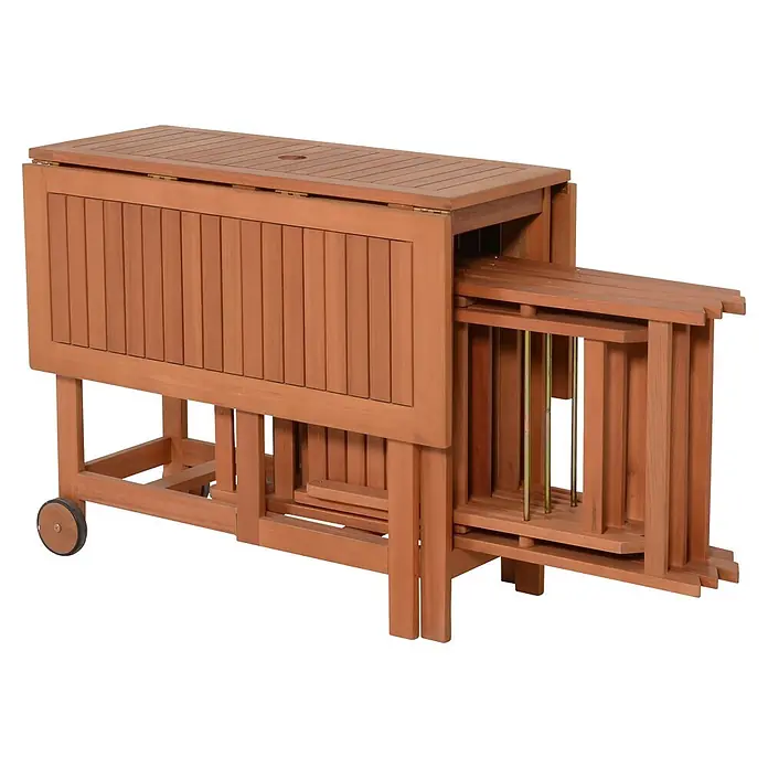Garden Pleasure Gartenmöbel-Set Anaheim - 5 -tlg., Eukalyptus, Braun - Klappbarer hellbrauner Gartentisch aus Holz mit integrierten Stühlen und Rollen.