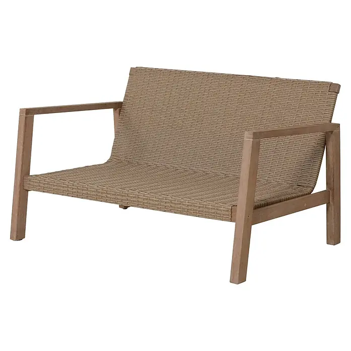 Garden Pleasure Loungemöbel-Set San Mateo - 4 -tlg., Eukalyptusholz, Kunststoffgeflecht, Polyester, Beige - Beige geflochtene Rattan-Zweisitzer-Gartenbank mit hellem Holzrahmen und Armlehnen.