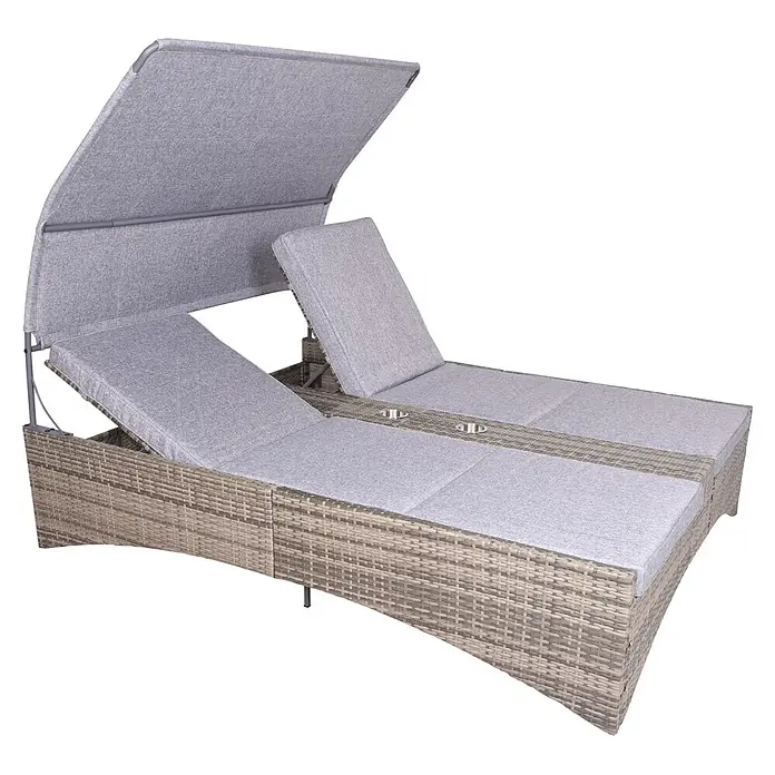 Garden Pleasure Doppelliege Pescara - Metall, Beige/Grau - Graue Doppel-Rattan-Sonnenliege mit verstellbaren Rückenlehnen, hellgrauen Kissen und ausziehbarer Markise. Inklusive zwei Getränkehaltern.
