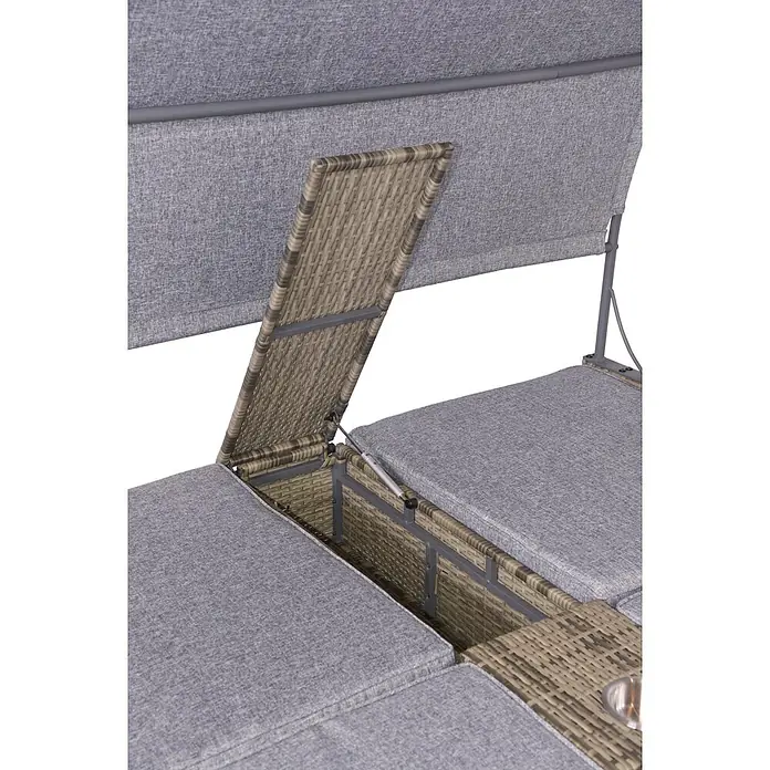 Garden Pleasure Doppelliege Pescara - Metall, Beige/Grau - Graue Korbsessel-Gartenliege mit hochklappbarem Staufach, Gasdruckfeder und grauen Kissen.