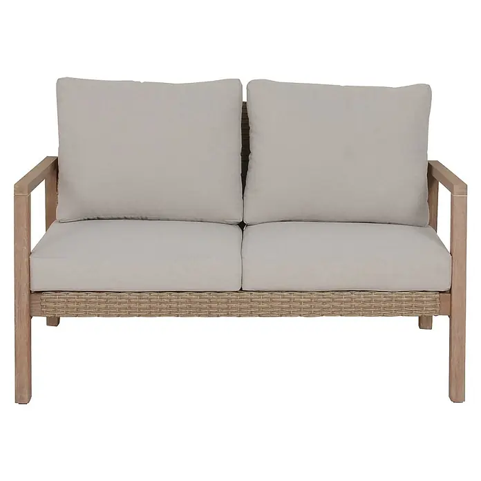 Garden Pleasure Loungemöbel-Set San Mateo - 4 -tlg., Eukalyptusholz, Kunststoffgeflecht, Polyester, Beige - Zweisitzer-Outdoor-Sofa mit hellem Holzrahmen, Korbgeflecht-Basis und cremefarbenen Kissen.