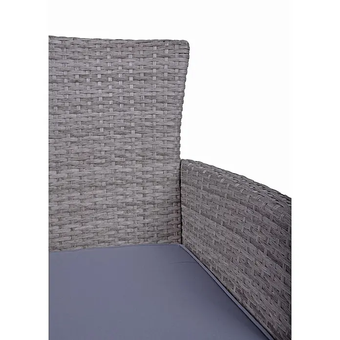 Garden Pleasure Balkonmöbel-Set Dakota - 3 -tlg., Stahl, Kunststoffgeflecht, Akazie, Hellgrau - Ecke eines grauen Rattan-Gartenstuhls mit passendem grauen Kissen.