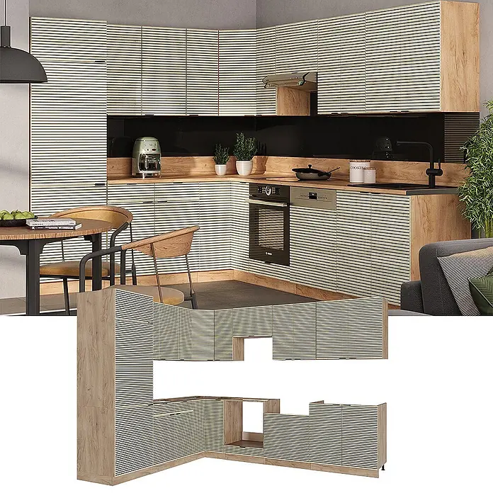 Vicco Eckküche Fame-Line Eiche Paneel/Goldkraft Eiche, AP Eiche - B x T: 227 x 60 cm, Eiche Paneel, Ohne Elektrogeräte - L-förmige Küchenzeile aus hellem Holz mit horizontal gestreiften Schranktüren.