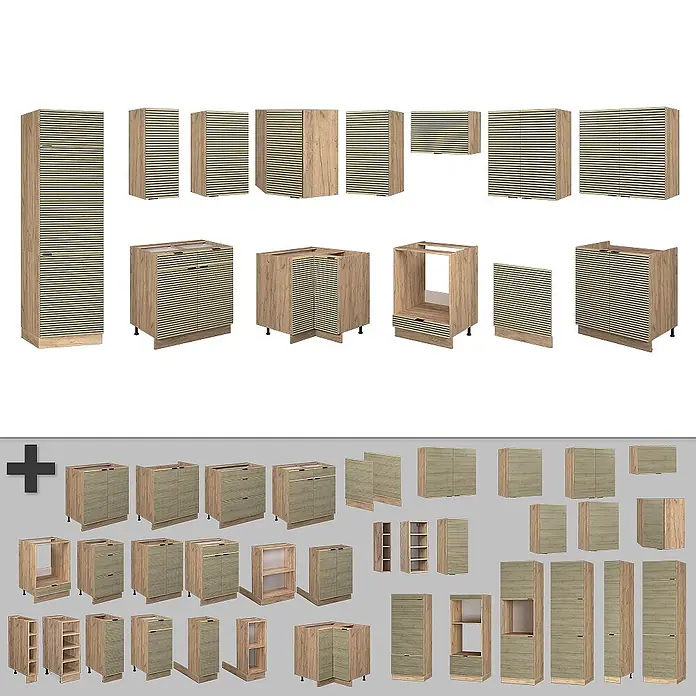 Vicco Eckküche Fame-Line Eiche Paneel/Goldkraft Eiche, AP Eiche - B x T: 227 x 60 cm, Eiche Paneel, Ohne Elektrogeräte - Modulare Holz-Küchenschränke mit Lamellenfronten, bestehend aus hohen, Unter- und Oberschränken für verschiedene Küchenkonfigurationen.
