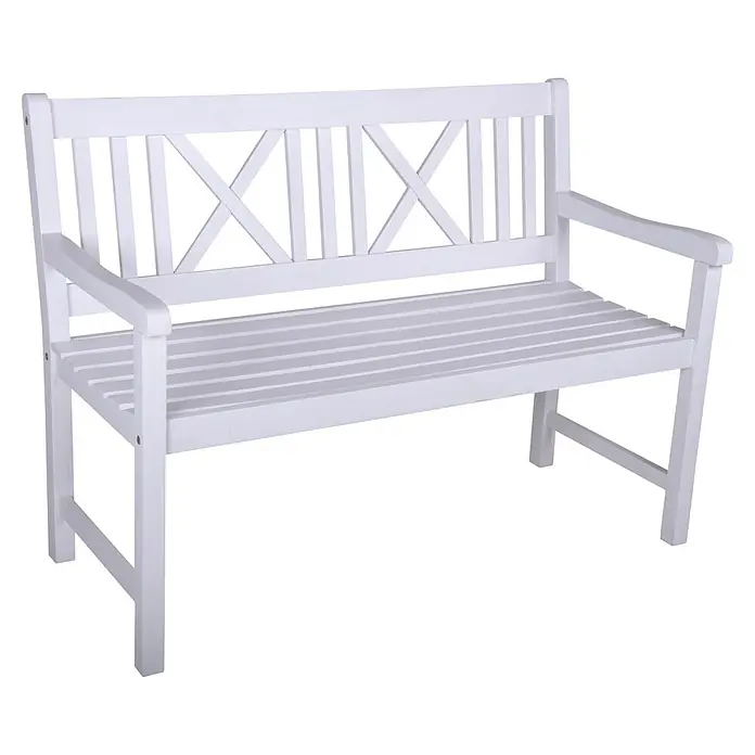Garden Pleasure Gartenbank Malmö - B x T x H: 120 x 59 x 89 cm, Eukalyptus, Weiß, Max. Personenzahl: 2 Stk. - Weiße Gartenbank aus Holz mit Lattenrostsitz und dekorativer X-Muster-Rückenlehne.