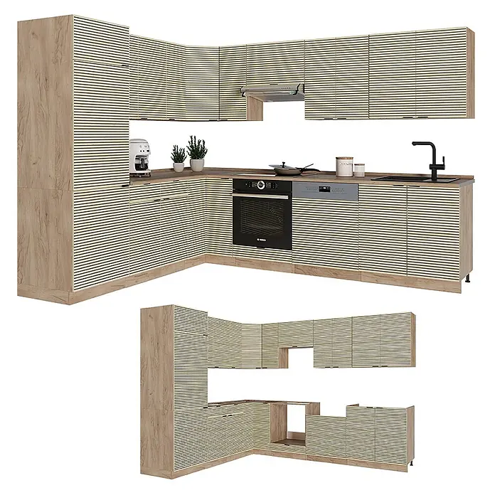 Vicco Eckküche Fame-Line Eiche Paneel/Goldkraft Eiche, AP Eiche - B x T: 227 x 60 cm, Eiche Paneel, Ohne Elektrogeräte - Eckküchenzeile aus hellem Holzdekor mit Lamellenfronten, inkl. integriertem Backofen, Geschirrspüler und Spüle. Mit Hochschrank.