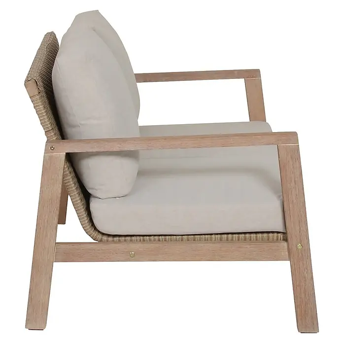 Garden Pleasure Loungemöbel-Set San Mateo - 4 -tlg., Eukalyptusholz, Kunststoffgeflecht, Polyester, Beige - Heller Holz-Loungesessel mit geflochtener Rückenlehne und cremefarbenen Stoffkissen.