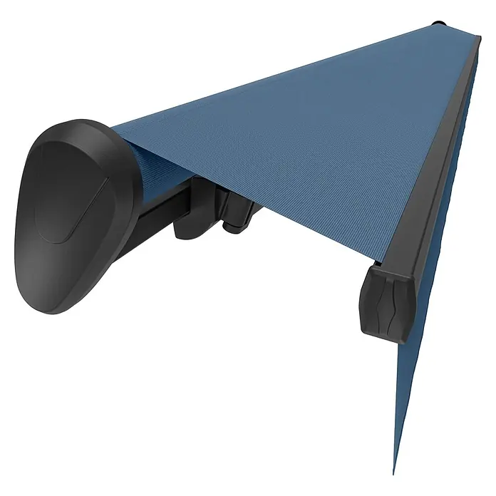 Spettmann Gelenkarmmarkise 20177 - Blau, Farbe Gestell: Eisenglimmer matt, Breite: 4 m, Ausfall: 3 m - Blaues Markisendach mit dunkelgrauem Gestell.