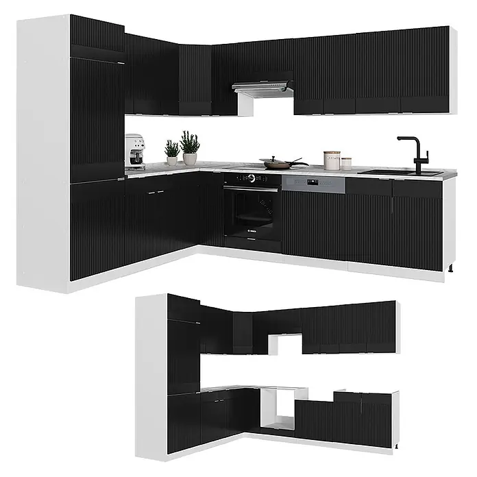 Vicco Eckküche Fame-Line Schwarz gestreift/Weiß ohne Arbeitsplatte - B x T: 287 x 46 cm, Schwarz gestreift, Ohne Elektrogeräte - L-förmige Küchenzeile mit schwarzen geriffelten Schränken, weißen Seiten & Arbeitsplatte, integriertem Ofen, Geschirrspüler, Spüle und Kaffeemaschine.
