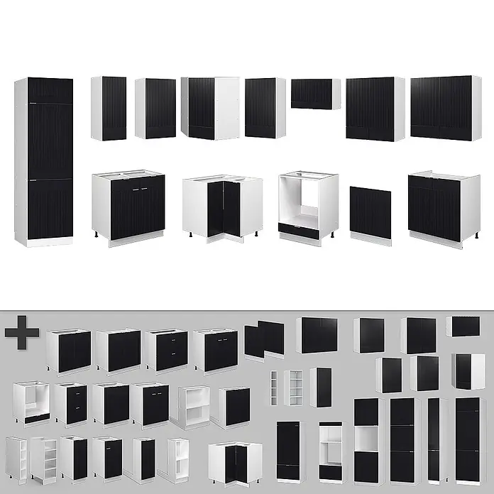 Vicco Eckküche Fame-Line Schwarz gestreift/Weiß ohne Arbeitsplatte - B x T: 287 x 46 cm, Schwarz gestreift, Ohne Elektrogeräte - Weiße modulare Küchenschränke mit schwarzen Lamellentüren und Schubladen, in verschiedenen Konfigurationen für diverse Küchenlayouts dargestellt.