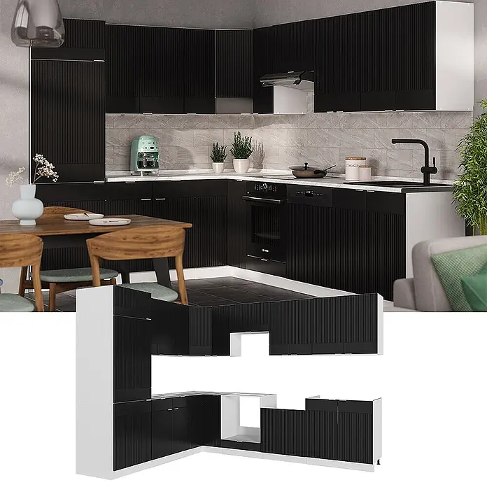 Vicco Eckküche Fame-Line Schwarz gestreift/Weiß ohne Arbeitsplatte - B x T: 287 x 46 cm, Schwarz gestreift, Ohne Elektrogeräte - Schwarze geriffelte U-förmige Küchenschränke mit weißem Sockel.