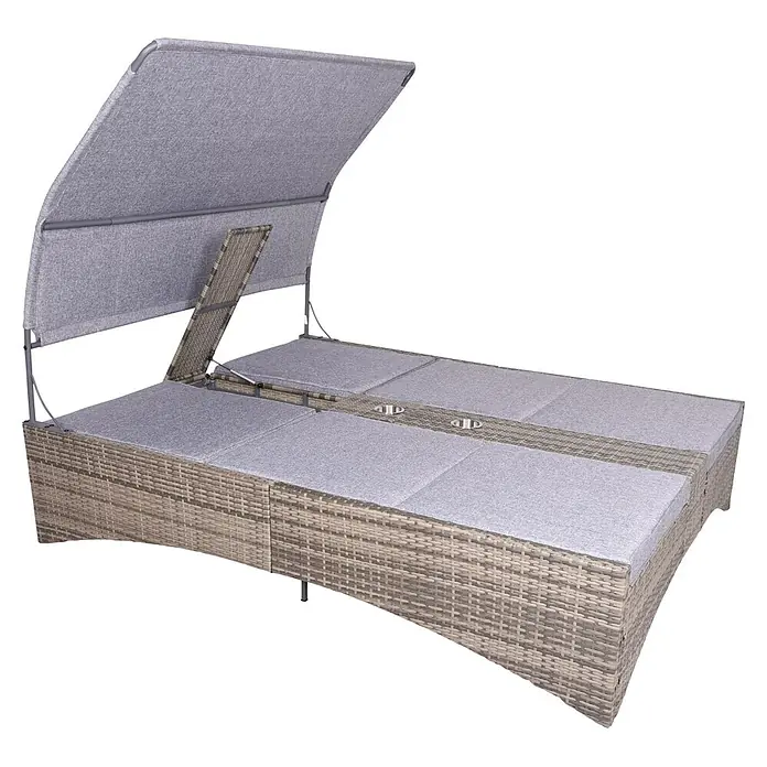 Garden Pleasure Doppelliege Pescara - Metall, Beige/Grau - Graue Rattan-Doppelliege mit grauen Polstern, verstellbarem Sonnendach und zwei Getränkehaltern.