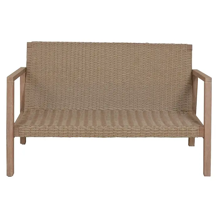 Garden Pleasure Loungemöbel-Set San Mateo - 4 -tlg., Eukalyptusholz, Kunststoffgeflecht, Polyester, Beige - Zweisitzige Outdoor-Bank mit heller beigefarbener Rattan-Sitzfläche und -Rückenlehne sowie Holzrahmen.