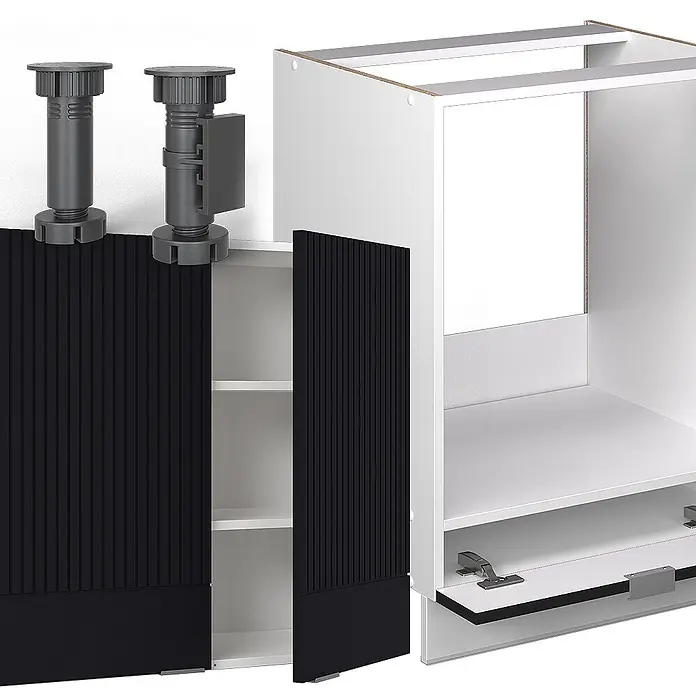 Vicco Eckküche Fame-Line Schwarz gestreift/Weiß ohne Arbeitsplatte - B x T: 287 x 46 cm, Schwarz gestreift, Ohne Elektrogeräte - Weiße Modulschränke mit schwarzen geriffelten Türen und verstellbaren grauen Füßen. Innen sind Regalböden und ein Auszug zu sehen.