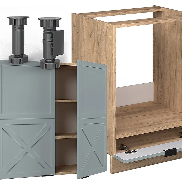 Vicco Eckküche Fame-Line Hellblau-grau/Goldkraft Eiche, AP Eiche - B x T: 227 x 60 cm, Hellblau-grau, Ohne Elektrogeräte - Unmontierte helle Holzoptik-Schrankteile mit grauen Türen mit Scheunenkreuzdetails und dunkelgrauen verstellbaren Kunststofffüßen.