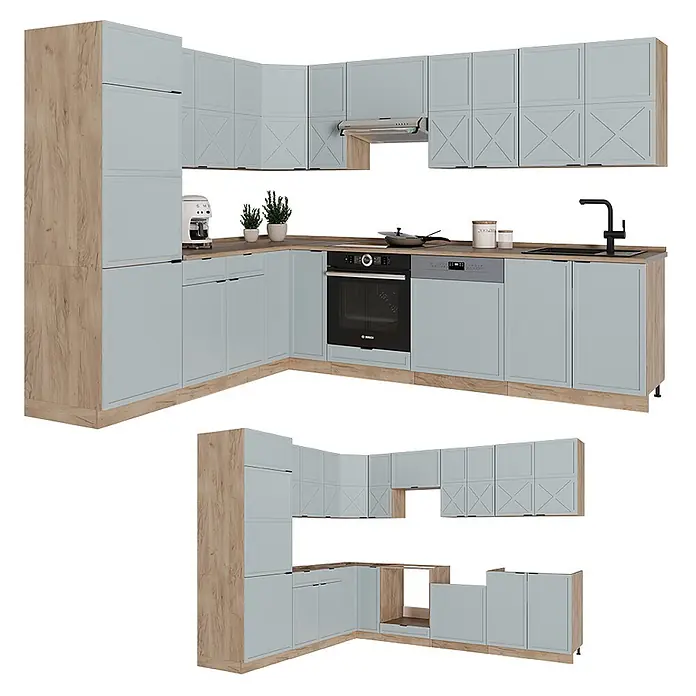 Vicco Eckküche Fame-Line Hellblau-grau/Goldkraft Eiche, AP Eiche - B x T: 227 x 60 cm, Hellblau-grau, Ohne Elektrogeräte - L-förmige Küchenzeile mit hellblauen Schränken und Holzdetails, inkl. Backofen, Geschirrspüler und Spüle.