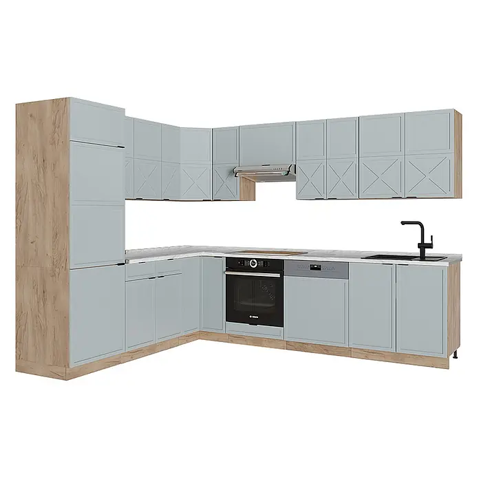 Vicco Eckküche Fame-Line Hellblau-grau/Goldkraft Eiche, AP Marmor - B x T: 227 x 60 cm, Hellblau-grau, Ohne Elektrogeräte - L-förmige Küche: Hellblaue Schränke, Holzmaserung, weiße Arbeitsplatte, Einbauofen, Geschirrspüler, schwarzes Spülbecken und Wasserhahn.