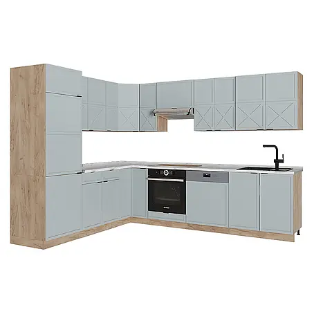 Vicco  Eckküche Fame-Line Hellblau-grau/Goldkraft Eiche ohne Arbeitsplatte