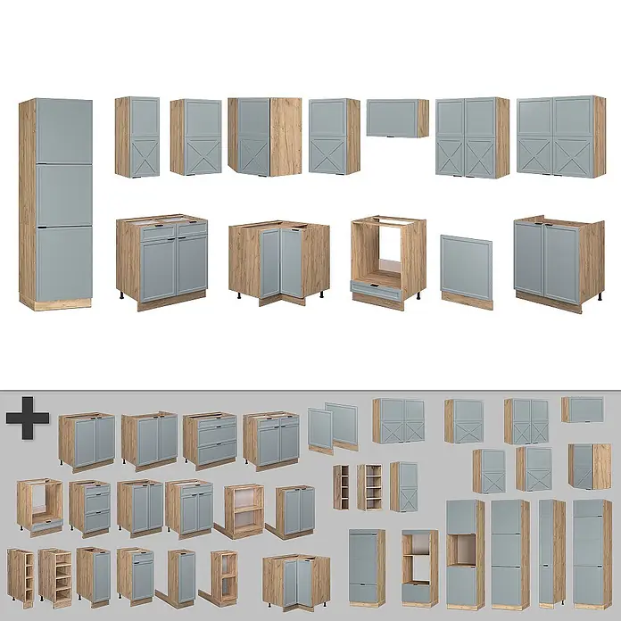 Vicco Eckküche Fame-Line Hellblau-grau/Goldkraft Eiche, AP Eiche - B x T: 227 x 60 cm, Hellblau-grau, Ohne Elektrogeräte - Modulare Küchenschränke mit hellen Holzrahmen und hellblau-grauen Fronten, verschiedene Konfigurationen zeigend.