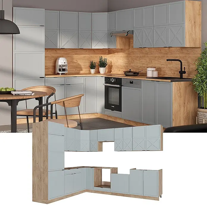 Vicco Eckküche Fame-Line Hellblau-grau/Goldkraft Eiche, AP Eiche - B x T: 227 x 60 cm, Hellblau-grau, Ohne Elektrogeräte - Hellgraue Eckküche mit Holzpaneelen und Arbeitsplatte, Oberschränken, Unterschränken, Backofen und Spüle.