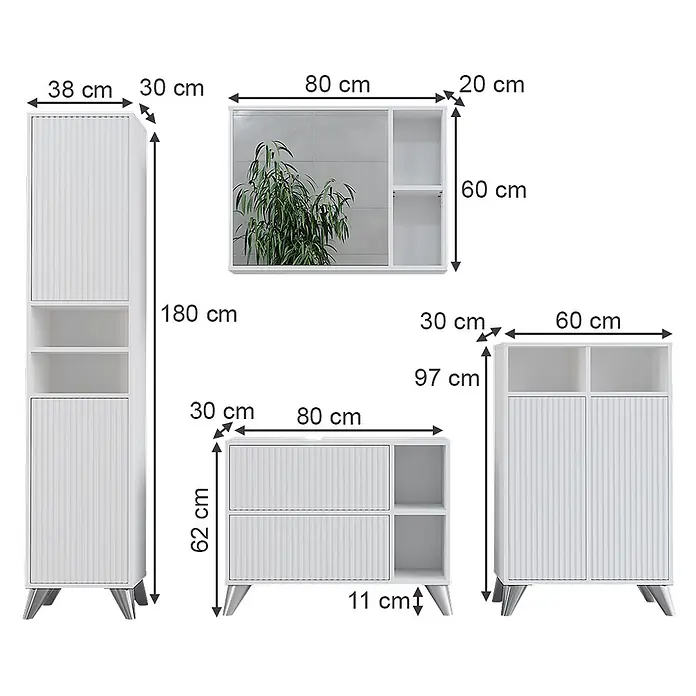 Vicco Badmöbel-Set Leano Weiß 80 cm, Set 4 - Weiß, Matt - Weißes modulares Möbelset mit Schränken, Regalen und Spiegel, Maße angezeigt.