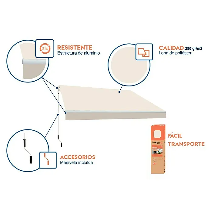 SmartSun Toldo de brazos extensibles Original Kit Poliéster - Crudo, Ancho: 2,95 m, Caída: 2 m - Imagen del producto de un toldo robusto con estructura de aluminio y lona de poliéster de calidad, fácil de transportar y accesorios incluidos.