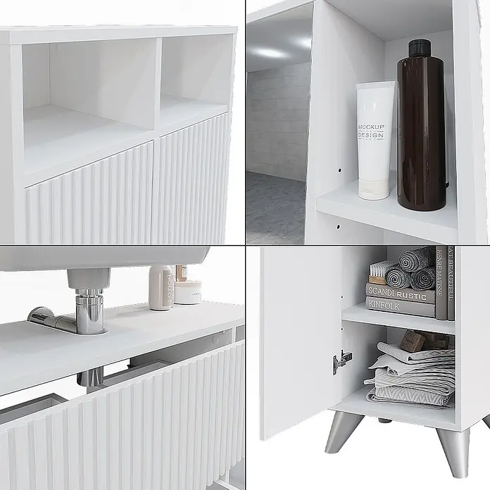 Vicco Badmöbel-Set Leano Weiß 80 cm, Set 4 - Weiß, Matt - Weißer geriffelter Badschrank mit offenen Regalen, gezeigt mit Waschbecken, Toilettenartikeln und Handtüchern.