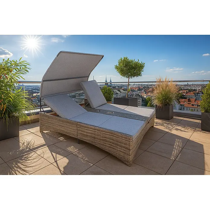 Garden Pleasure Doppelliege Pescara - Metall, Beige/Grau - Rattan-Doppelliege mit grauen Kissen und verstellbarem Sonnendach auf einer Dachterrasse.
