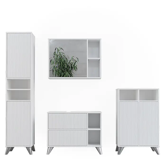 Vicco Badmöbel-Set Leano Weiß 80 cm, Set 4 - Weiß, Matt - Weißes geriffeltes Badmöbel-Set mit Hochschrank, Waschtischunterschrank, Unterschrank und Spiegel mit Ablagen, alle mit silbernen Füßen.